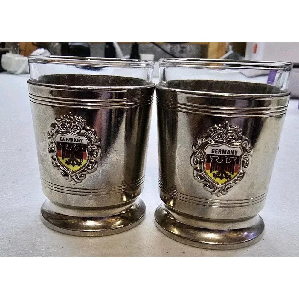 Vintage 2-Germany Shot Glasses Metal Overlay With German Eagle Flag Emblem